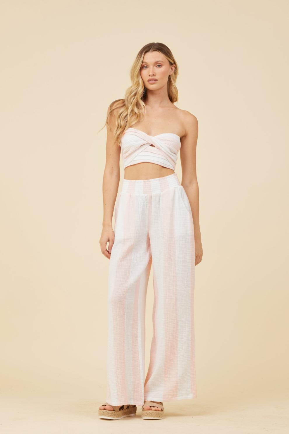 Vintage Havana Casual Tops | Women Pink &amp; White Cabana Stripe Gauze Bandeau Crop Top Pink / White