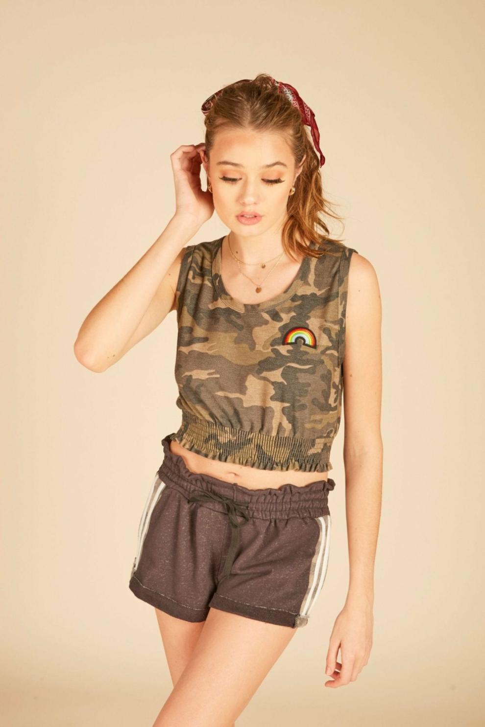 Vintage Havana Casual Tops | Women "Rainbow" Patch Smocked Crop Tank Olive Camo