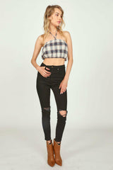 Vintage Havana Casual Tops | Women Sand/Navy Plaid Flannel Halter Bandeau Sand/navy