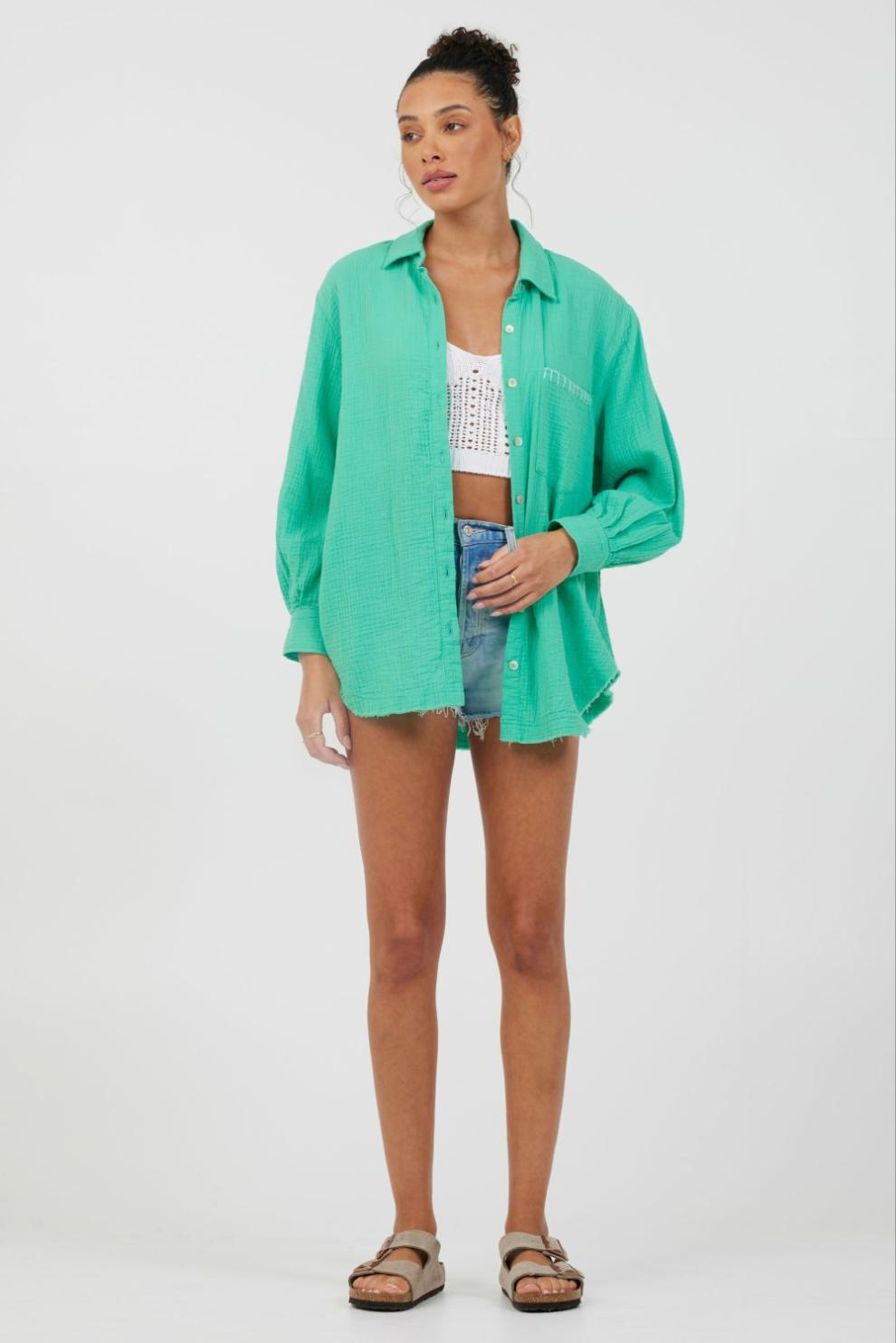 Vintage Havana Casual Tops | Women Super Green/ Soft Ivory Embroidery Detail Gauze Shirting Super Green