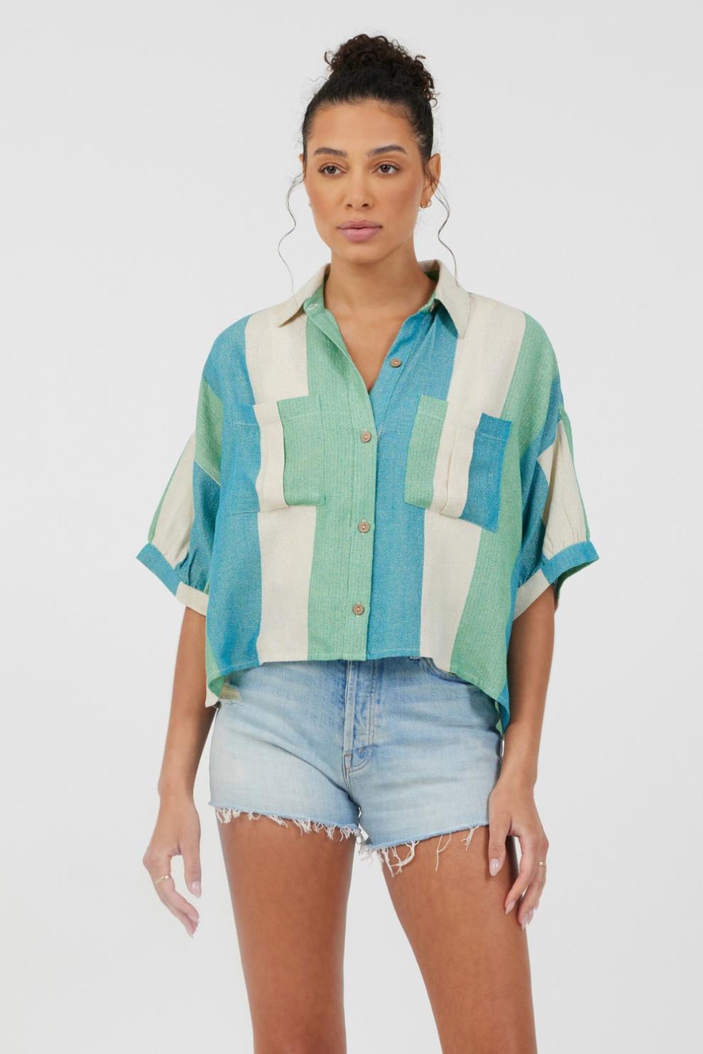 Vintage Havana Casual Tops | Women Teal Green &amp; Metallic Stripe Lightweight Button Up Teal Green