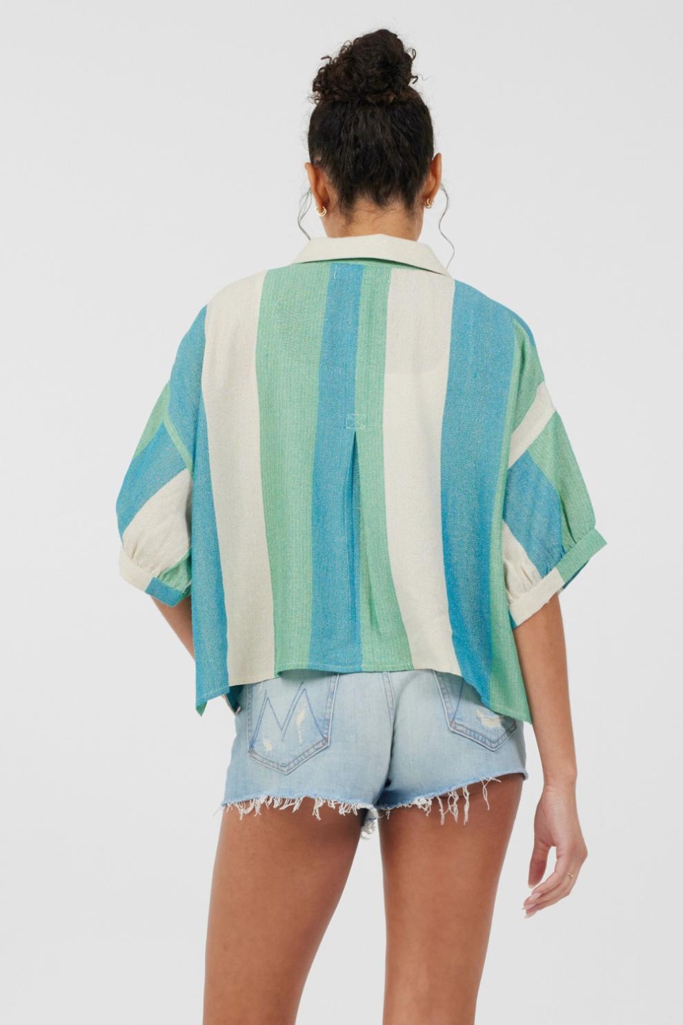 Vintage Havana Casual Tops | Women Teal Green &amp; Metallic Stripe Lightweight Button Up Teal Green