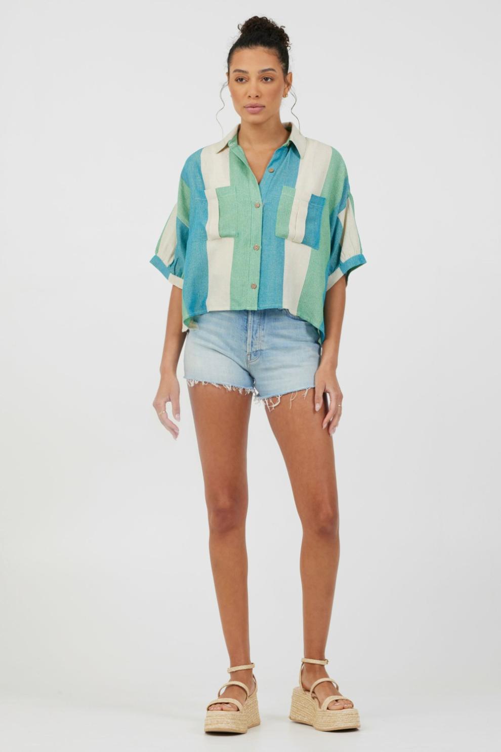 Vintage Havana Casual Tops | Women Teal Green &amp; Metallic Stripe Lightweight Button Up Teal Green