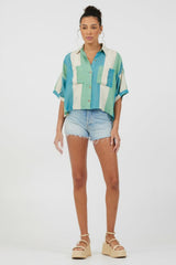 Vintage Havana Casual Tops | Women Teal Green &amp; Metallic Stripe Lightweight Button Up Teal Green