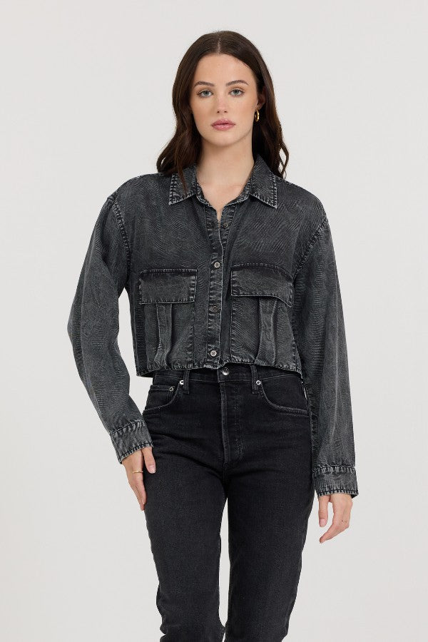 Vintage Havana Casual Tops | Women Washed Black Cropped Pocket Detail Shirt Washed Black