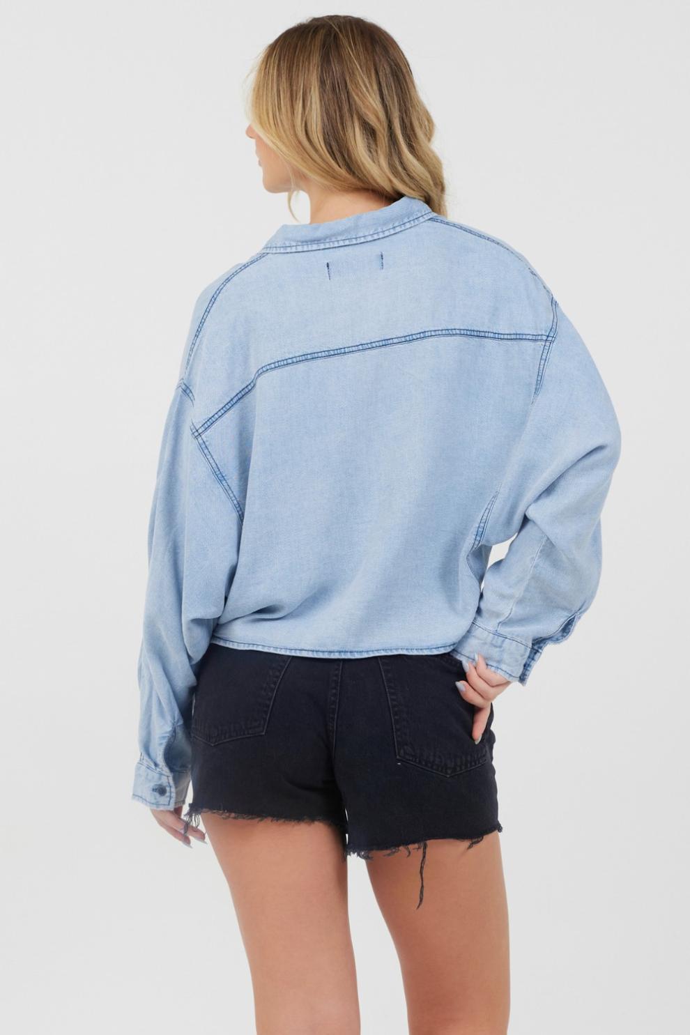 Vintage Havana Casual Tops | Women Washed Denim Tencel Cropped Button Up Washed Denim