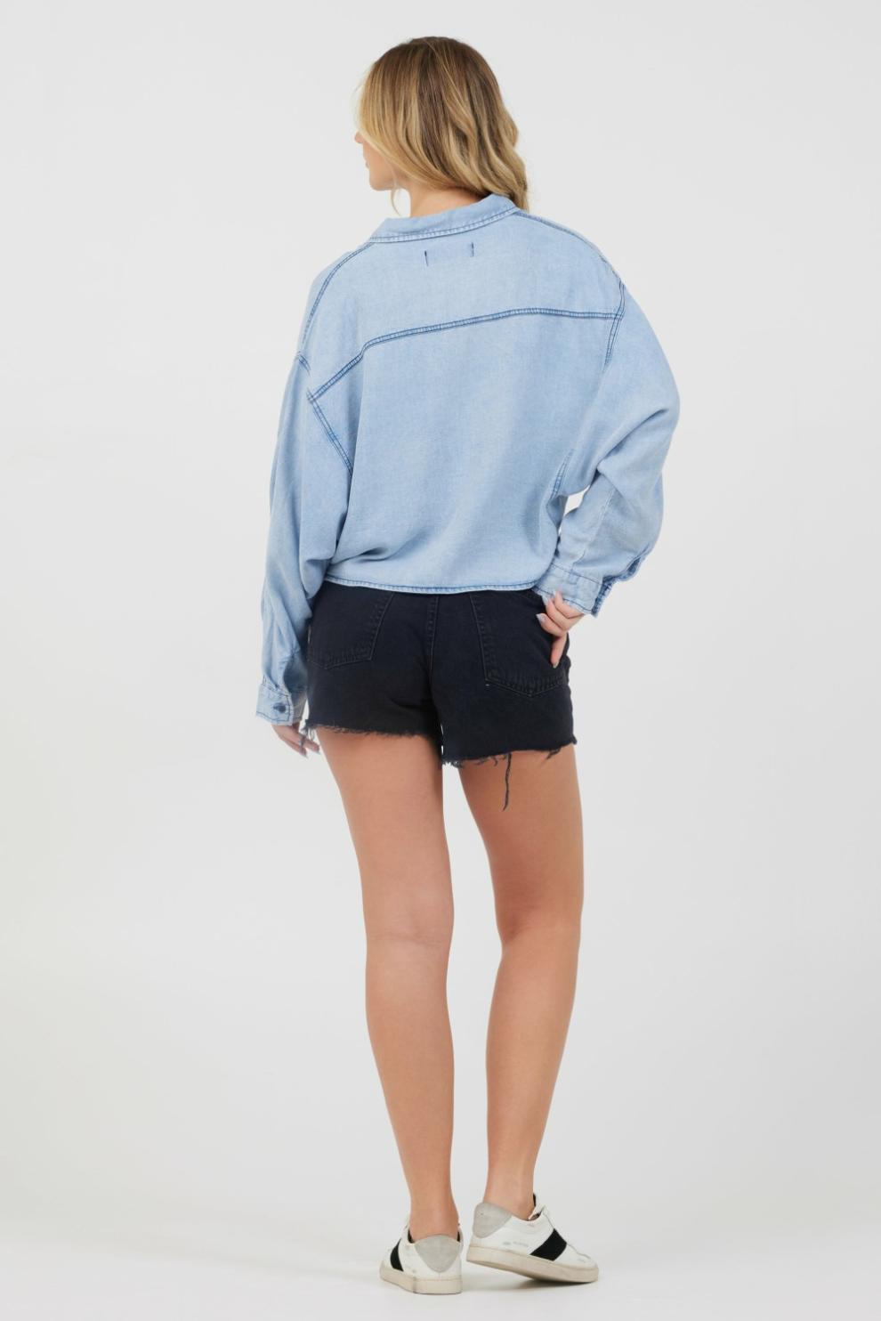 Vintage Havana Casual Tops | Women Washed Denim Tencel Cropped Button Up Washed Denim