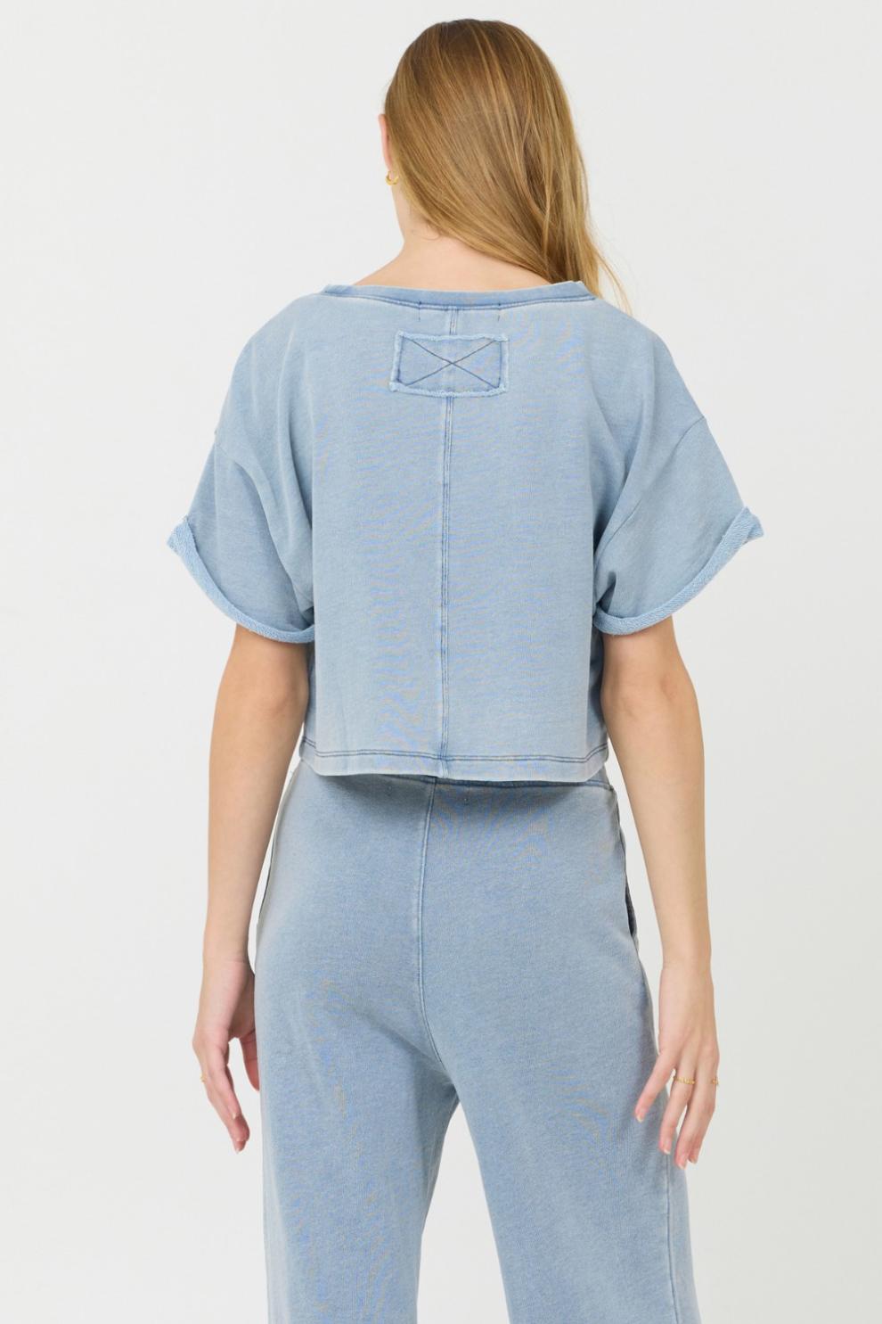 Vintage Havana Casual Tops | Women Washed Denim Terry Fleece Cropped Shirt Washed Denim