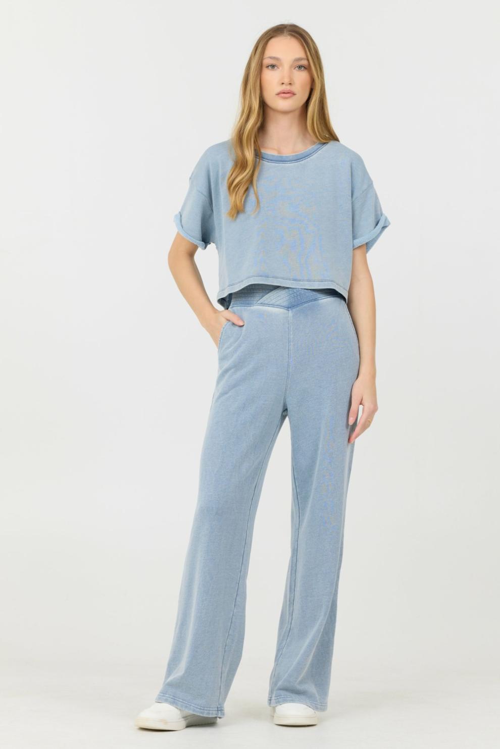 Vintage Havana Casual Tops | Women Washed Denim Terry Fleece Cropped Shirt Washed Denim