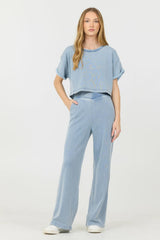 Vintage Havana Casual Tops | Women Washed Denim Terry Fleece Cropped Shirt Washed Denim