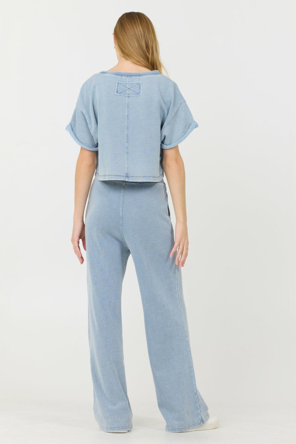 Vintage Havana Casual Tops | Women Washed Denim Terry Fleece Cropped Shirt Washed Denim