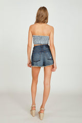 Vintage Havana Casual Tops | Women Washed Denim Tie Front Bandeau Top Washed Denim