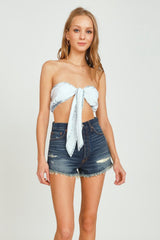 Vintage Havana Casual Tops | Women Washed Denim Tie Front Bandeau Top Washed Denim