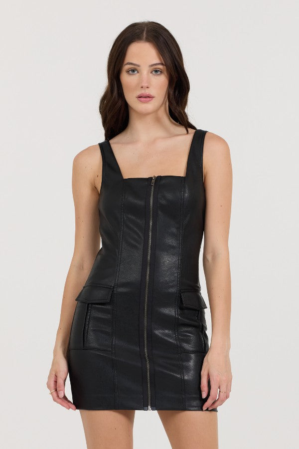 Vintage Havana Dresses | Women Black Leather Zip Front Dress Black