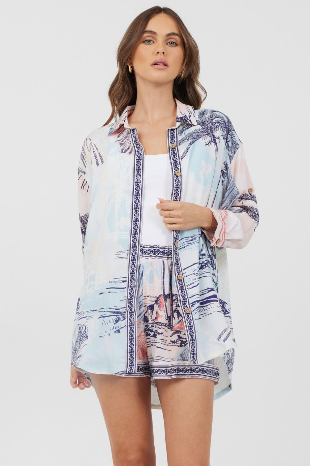 Vintage Havana Dresses | Women Blue &amp; Pink Scenic Print Placement Shirt Dress Blue