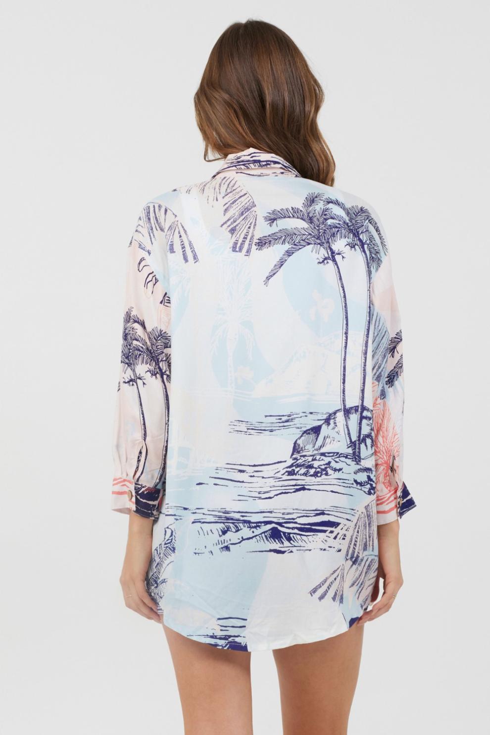 Vintage Havana Dresses | Women Blue &amp; Pink Scenic Print Placement Shirt Dress Blue