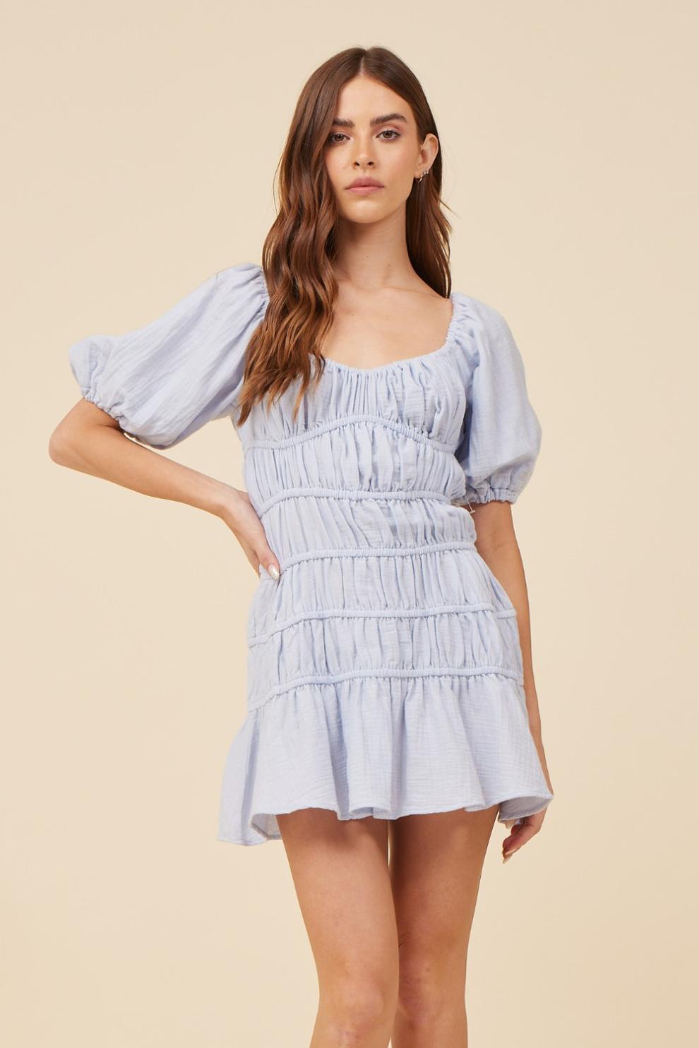 Vintage Havana Dresses | Women Spring Blue Gauze W/ Jersey Combo Dress Spring Blue