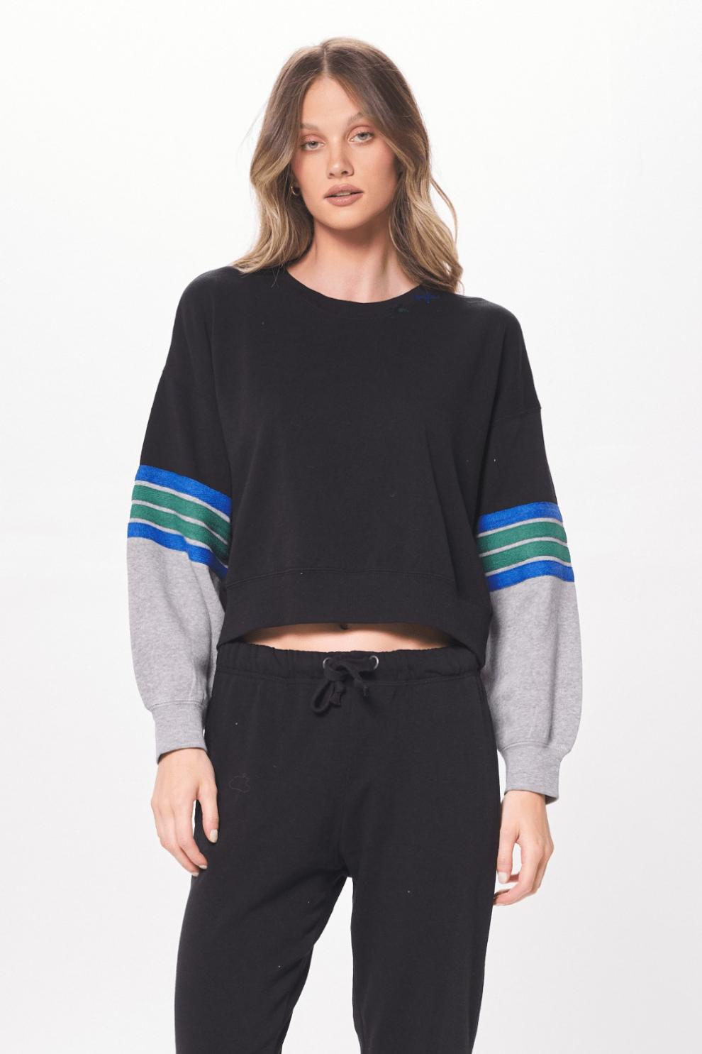 Vintage Havana Hoodies | Women Black &amp; Grey Fleece Crewneck W/ Twill Tape Black/grey