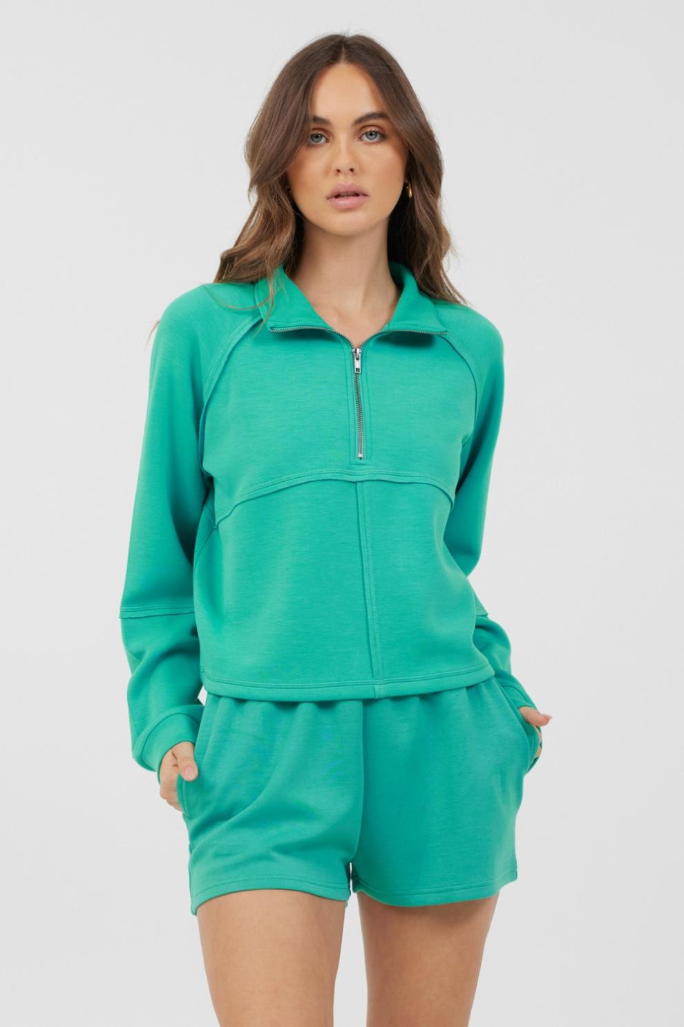 Vintage Havana Hoodies | Women Caribbean Turquoise Cloud Fleece Quarter Zip Caribbean Turquoise