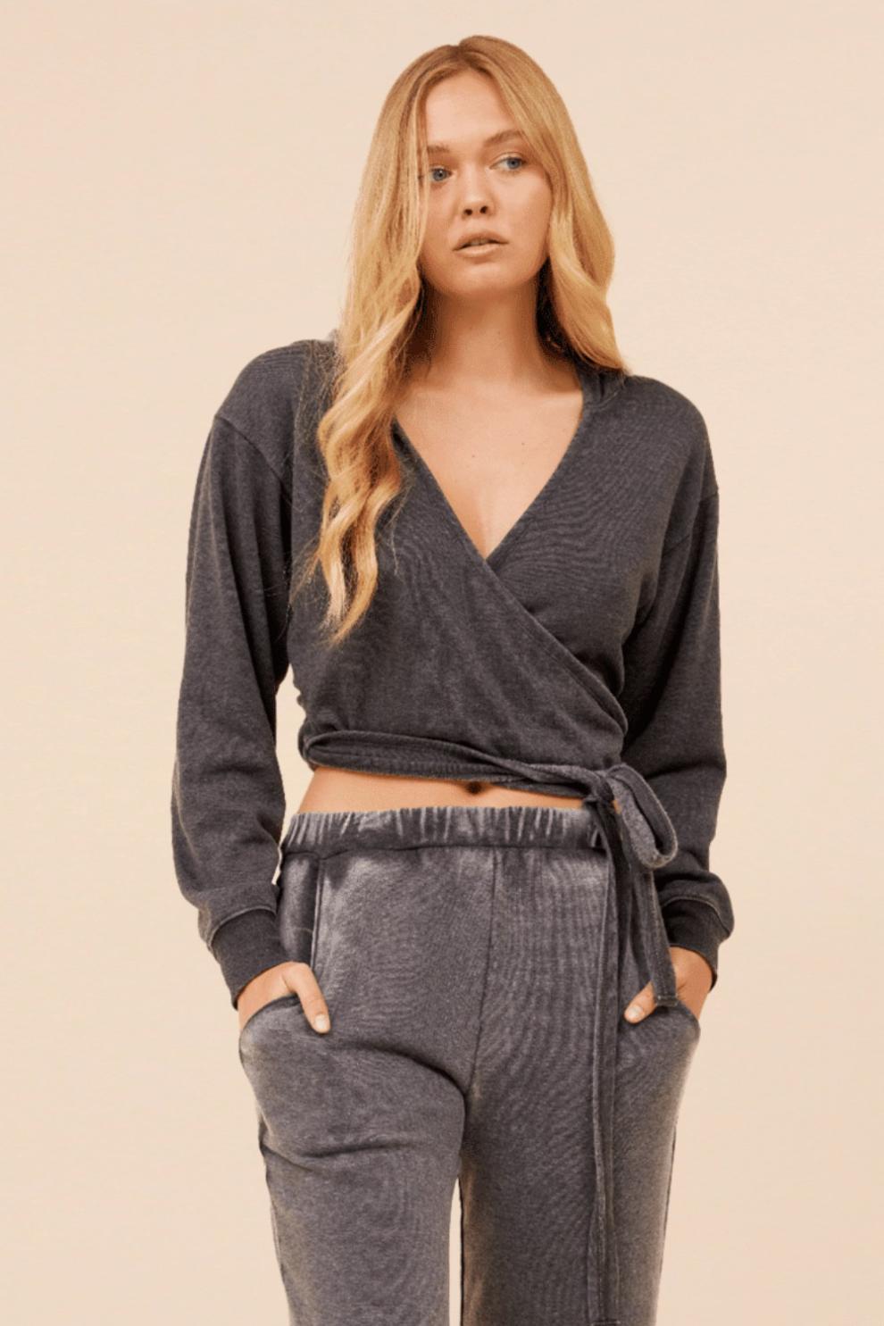 Vintage Havana Hoodies | Women Heather Charcoal Lightweight Fleece Surplice Hoodie Grey