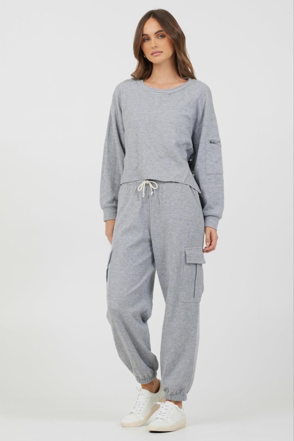 Vintage Havana Hoodies | Women Heather Grey Bounded Textured Jersey Utility Crewneck Heather Grey