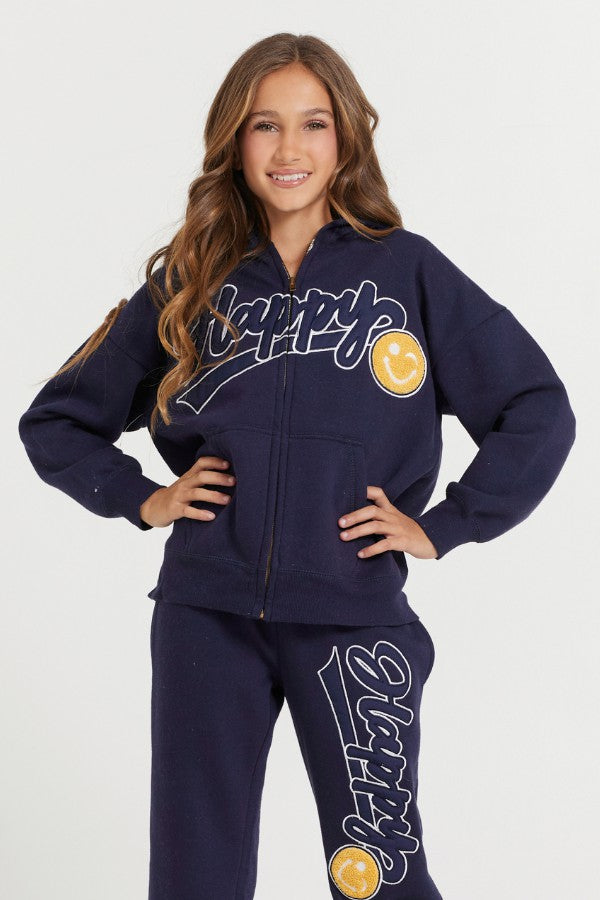 Vintage Havana Hoodies | Women Kids Navy Full Zip Hoodie With Happy Smile Patched Embroidery Navy
