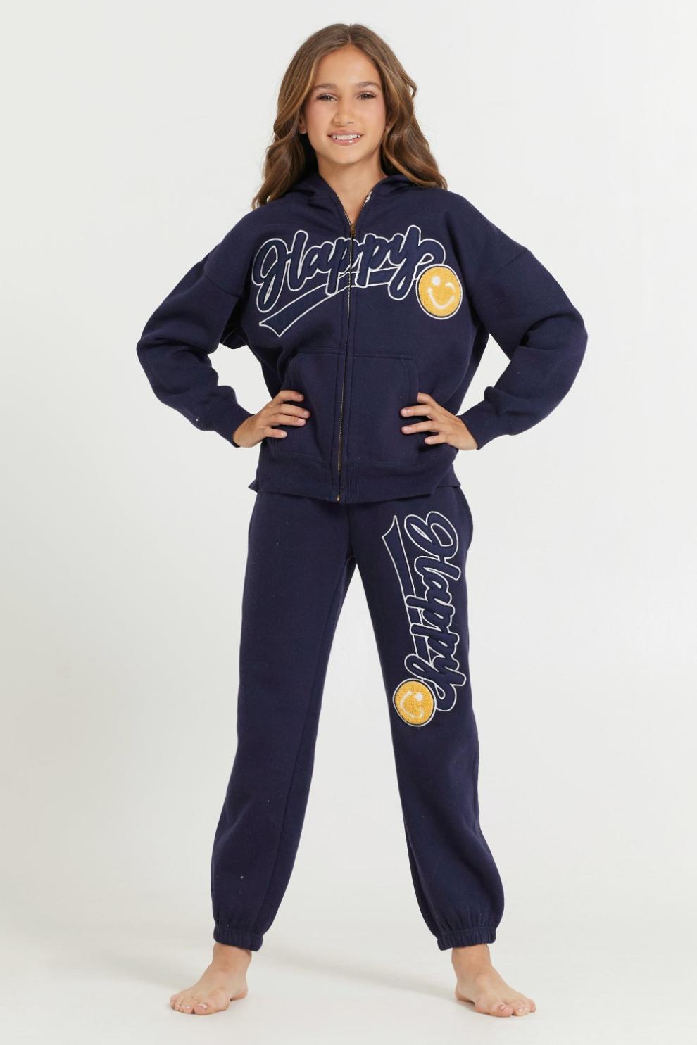 Vintage Havana Hoodies | Women Kids Navy Full Zip Hoodie With Happy Smile Patched Embroidery Navy