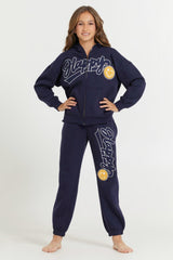 Vintage Havana Hoodies | Women Kids Navy Full Zip Hoodie With Happy Smile Patched Embroidery Navy