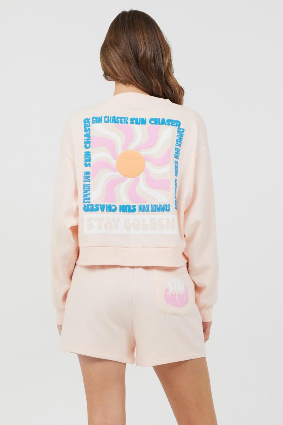 Vintage Havana Hoodies | Women Peach Parfait W/ Multi Puff Print Surf Wash Crewneck Peach Parfait