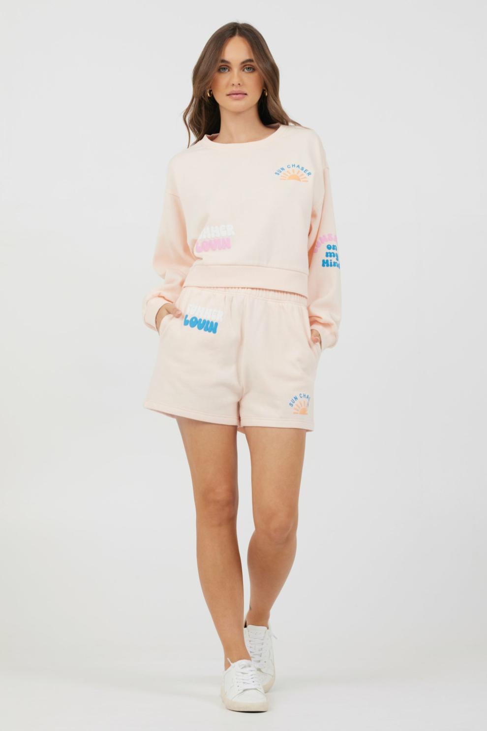 Vintage Havana Hoodies | Women Peach Parfait W/ Multi Puff Print Surf Wash Crewneck Peach Parfait