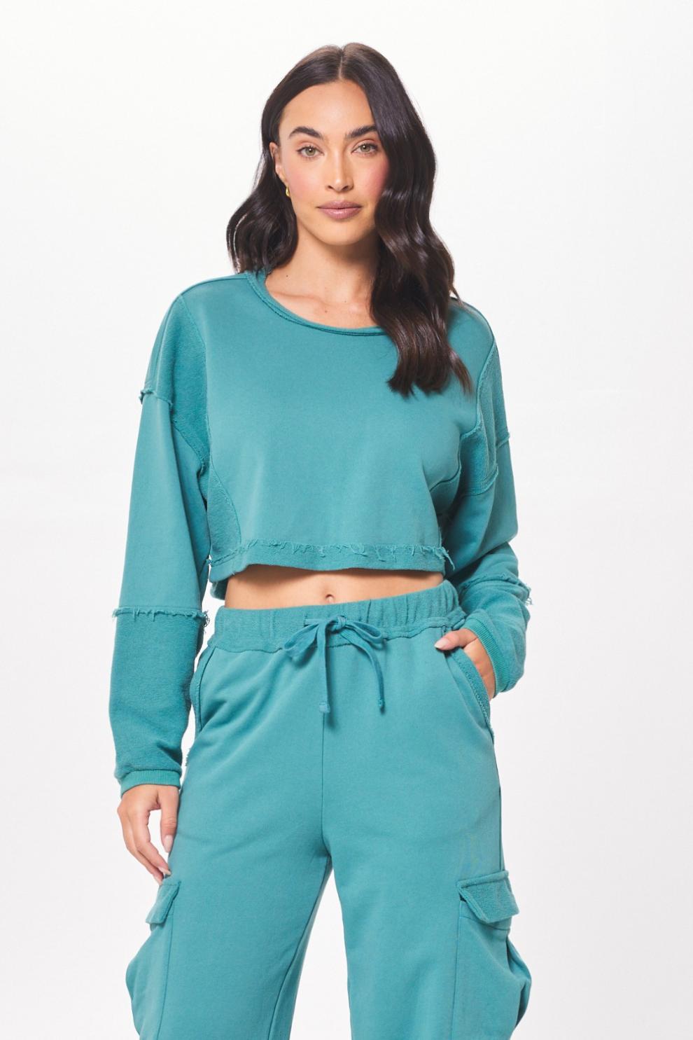 Vintage Havana Hoodies | Women Teal Green Terry Cargo Fleece Crewneck Teal Green