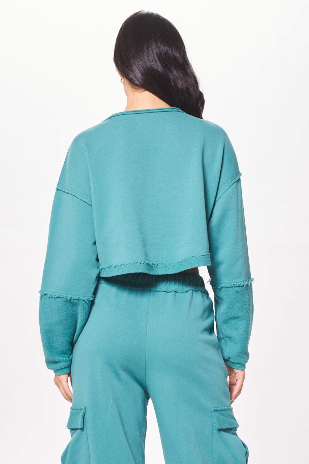 Vintage Havana Hoodies | Women Teal Green Terry Cargo Fleece Crewneck Teal Green