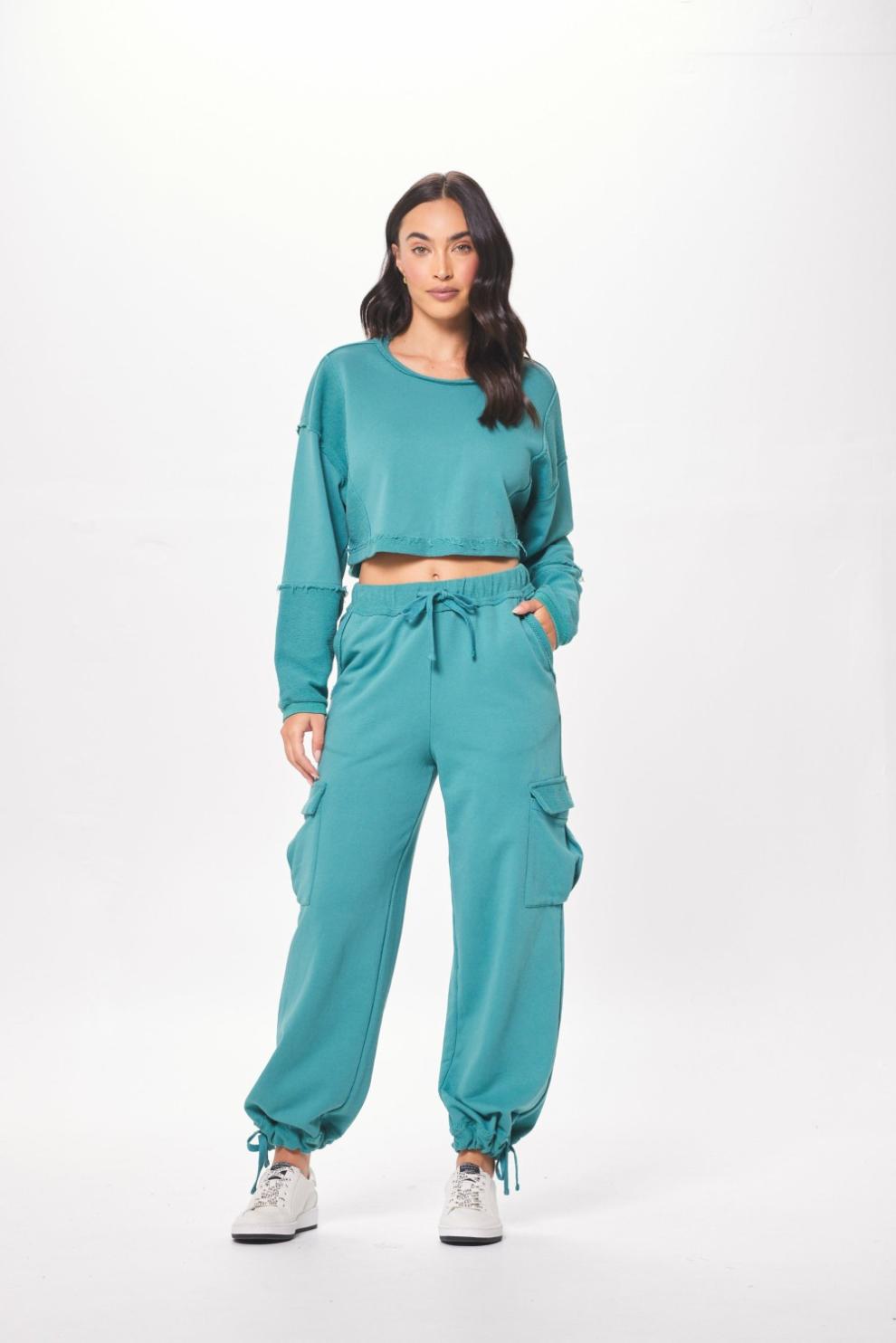 Vintage Havana Hoodies | Women Teal Green Terry Cargo Fleece Crewneck Teal Green