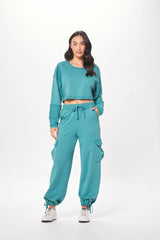 Vintage Havana Hoodies | Women Teal Green Terry Cargo Fleece Crewneck Teal Green