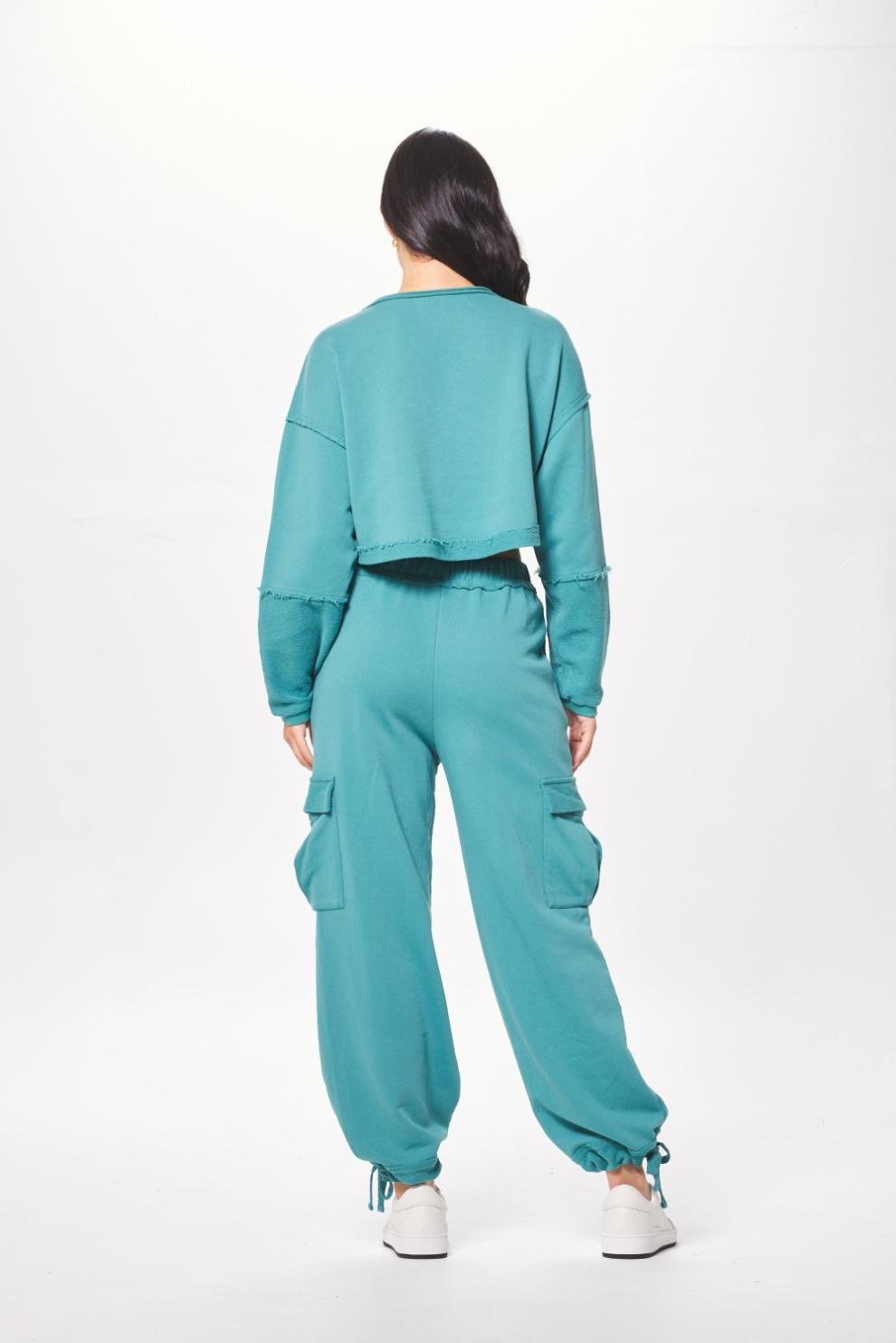 Vintage Havana Hoodies | Women Teal Green Terry Cargo Fleece Crewneck Teal Green