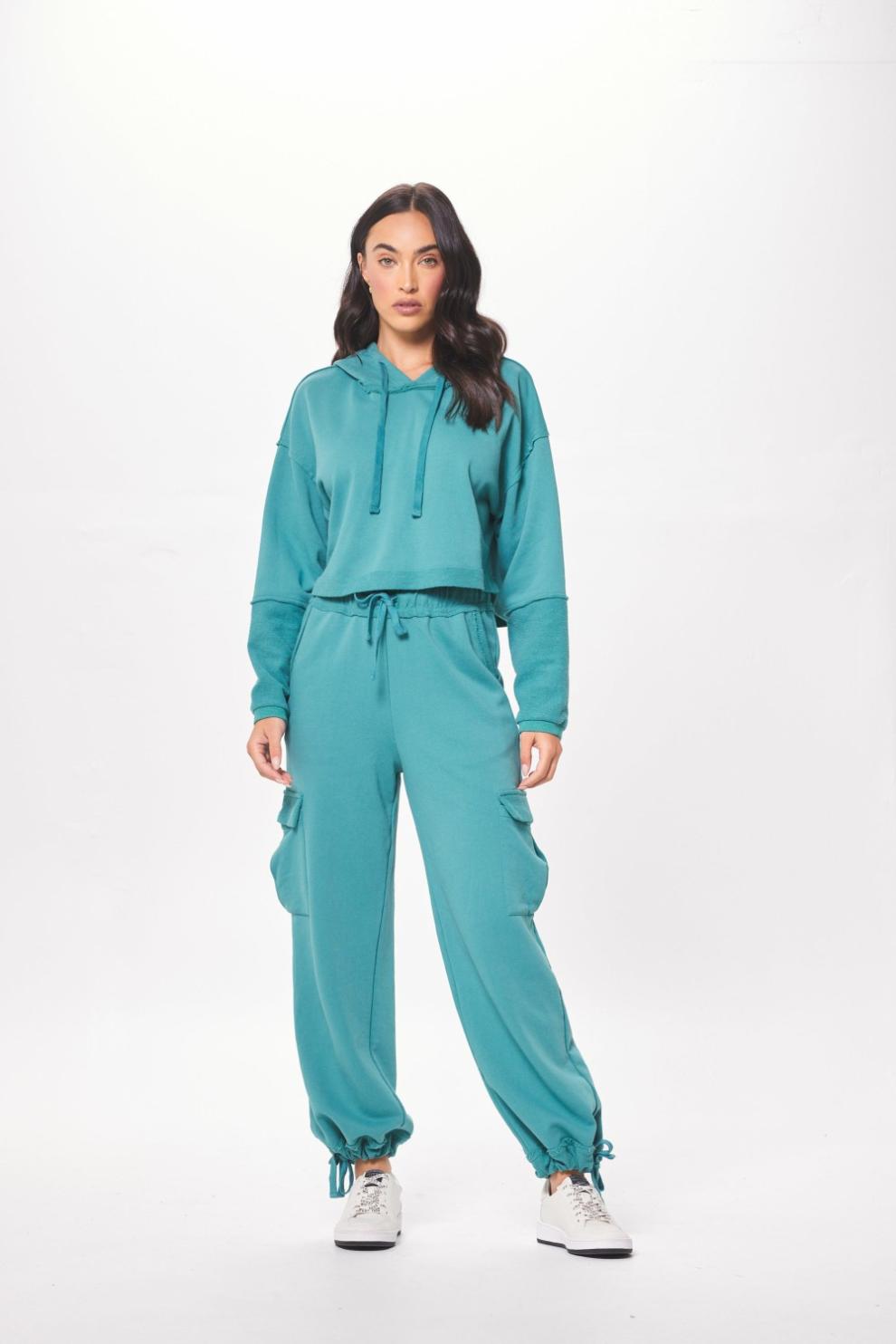 Vintage Havana Hoodies | Women Teal Green Terry Cargo Fleece Hoodie Teal Green