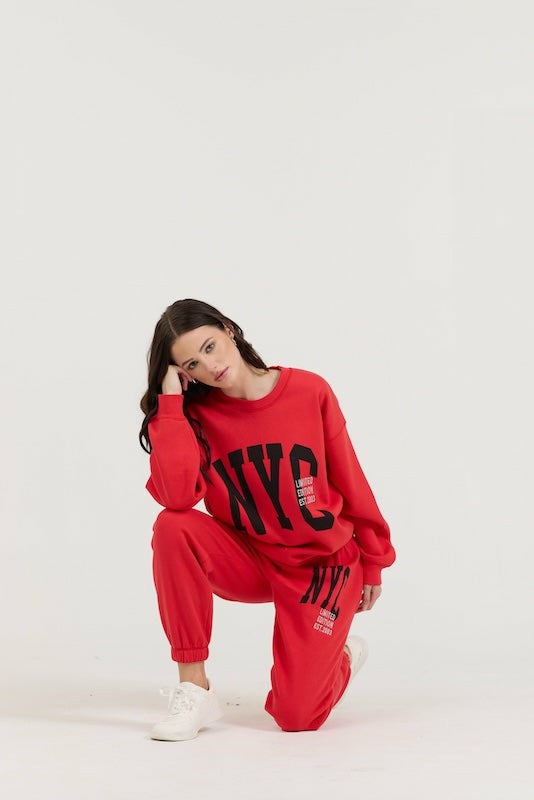 Vintage Havana Joggers | Women Red/ Black/ Light Grey Garment Dye Jogger W/ Screen Print Red