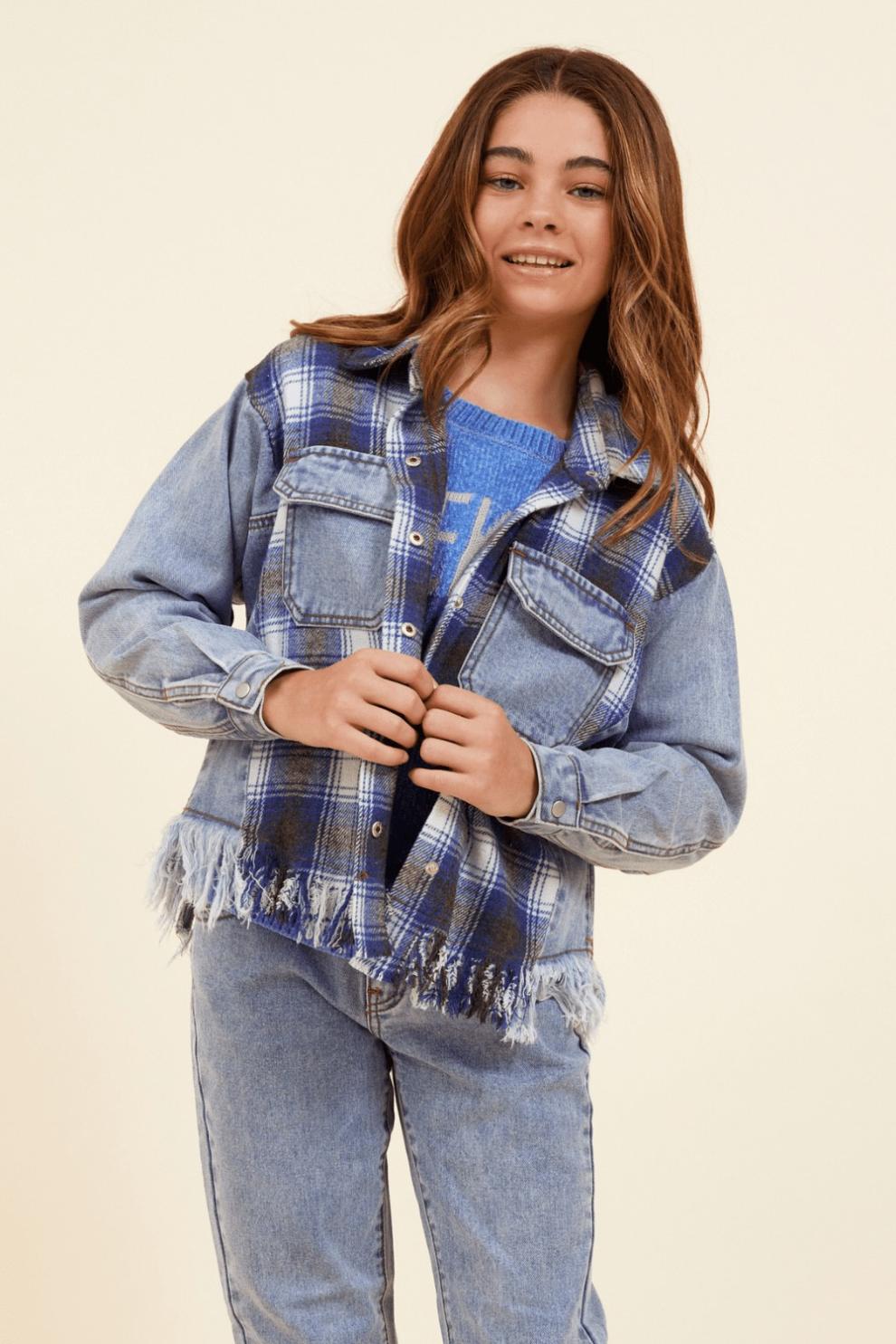 Vintage Havana Kids Tops | Women Denim &amp; Blue Plaid Frayed Button Down Denim / Blue Plaid