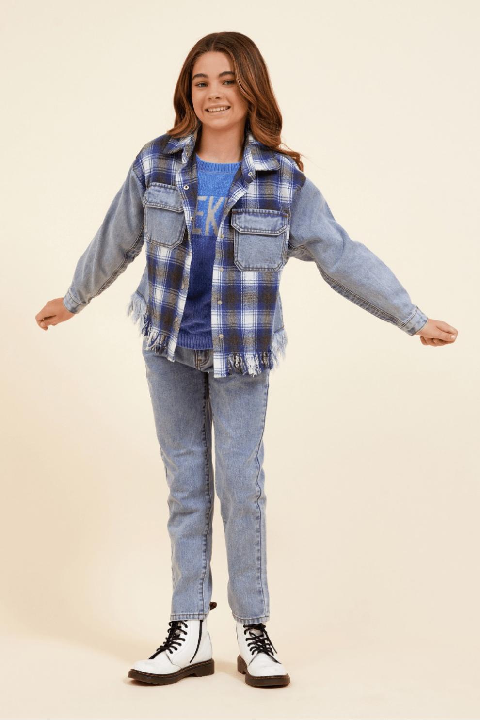 Vintage Havana Kids Tops | Women Denim &amp; Blue Plaid Frayed Button Down Denim / Blue Plaid