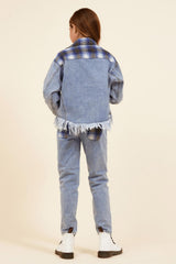 Vintage Havana Kids Tops | Women Denim &amp; Blue Plaid Frayed Button Down Denim / Blue Plaid