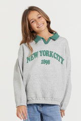 Vintage Havana Kids Tops | Women Kids Hunter Green And Grey NYC Oversized Polo Hunter Grey