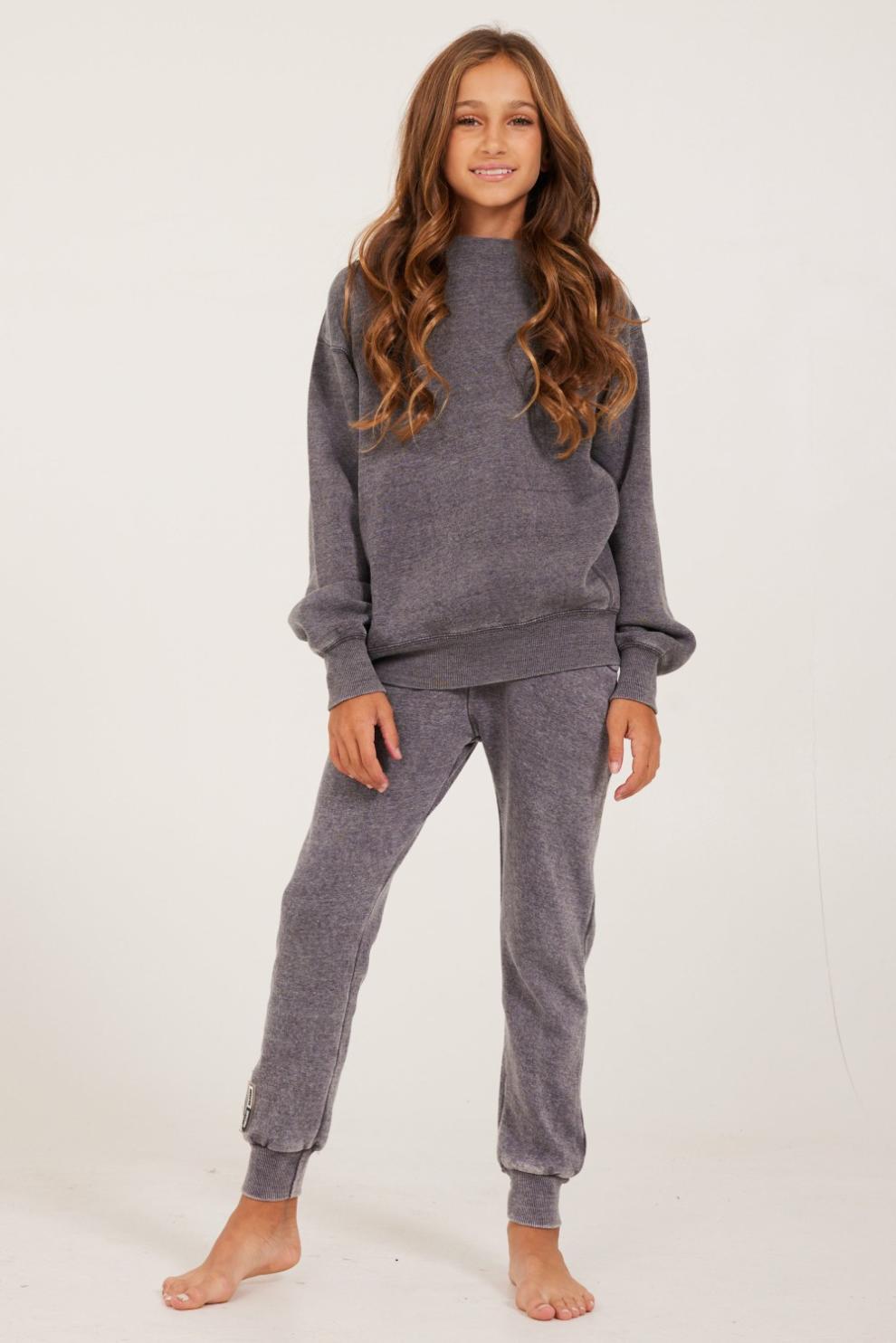 Vintage Havana Kids Tops | Women Unisex Burnout Fleece Long Sleeve Crewneck Steel Grey
