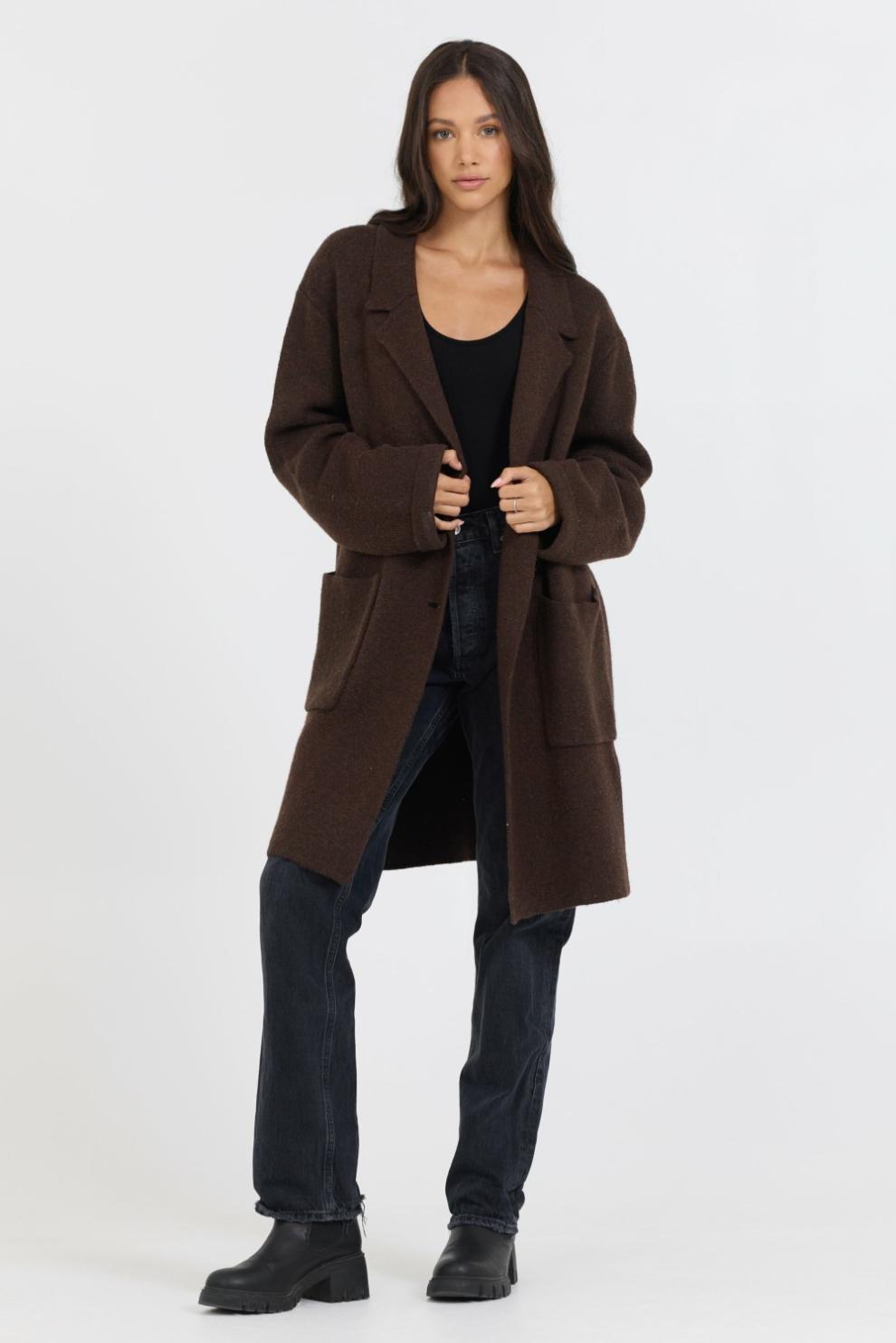 Vintage Havana Outerwear | Women Deep Brown Sweater Mid Length Coat Brown