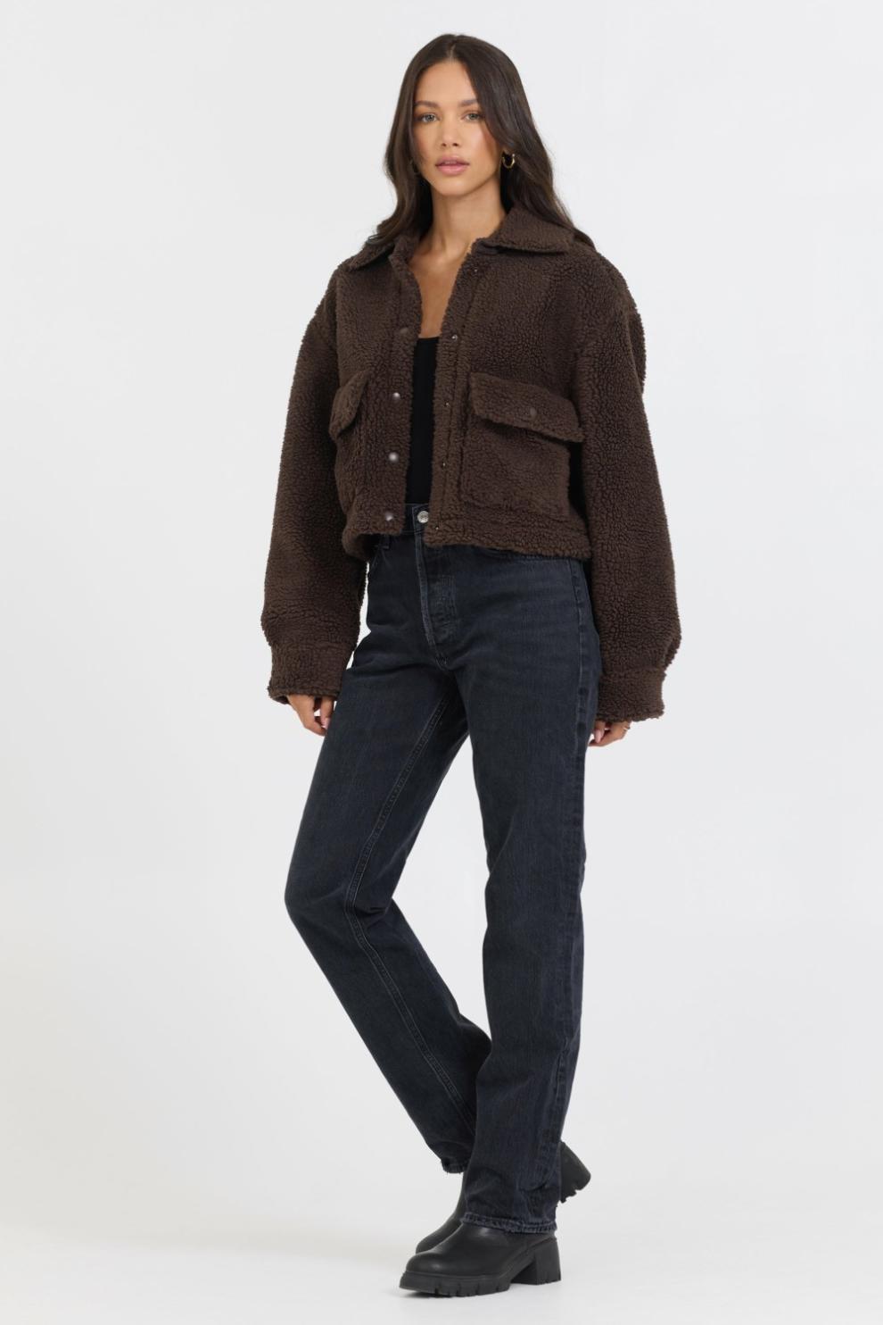 Vintage Havana Outerwear | Women Espresso Sherpa Jacket W/ Quilted Pockets Espresso