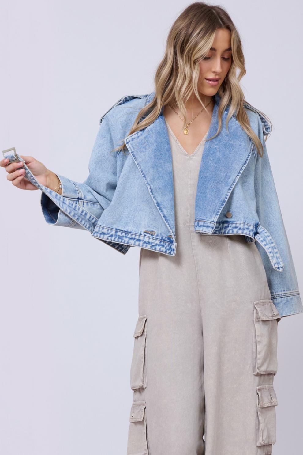 Vintage Havana Outerwear | Women Light Wash Denim Cropped Moto Jacket Light Wash