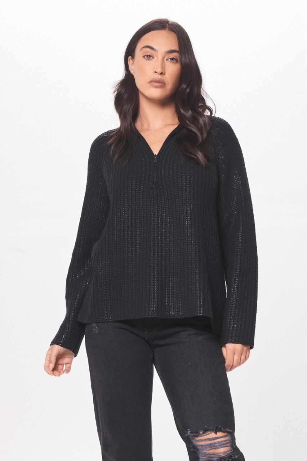 Vintage Havana Sweaters | Women Black Coated Quarter Zip Sweater Black