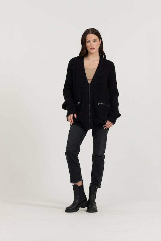 Vintage Havana Sweaters | Women Black Long Zip Front Utility Cardigan Black