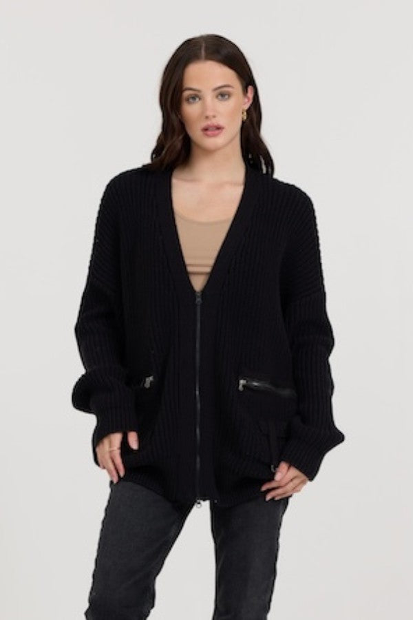 Vintage Havana Sweaters | Women Black Long Zip Front Utility Cardigan Black