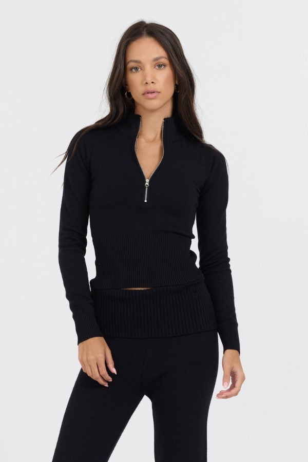 Vintage Havana Sweaters | Women Black Slim Fit Knit Quarter Zip Black