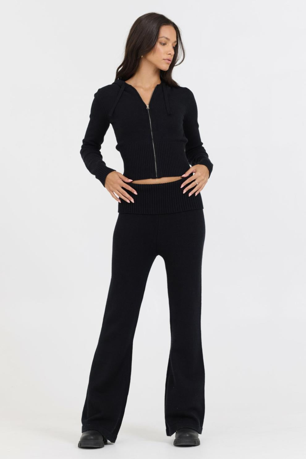 Vintage Havana Sweaters | Women Black Slim Fit Knit Zip Up Black